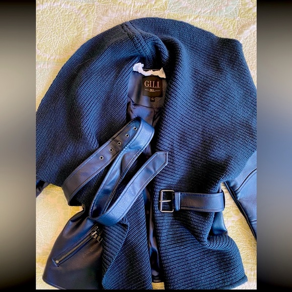 G.I.Ll. Blue faux leather belted moto jacket, attached knit shawl collar NWOT - Picture 2 of 15